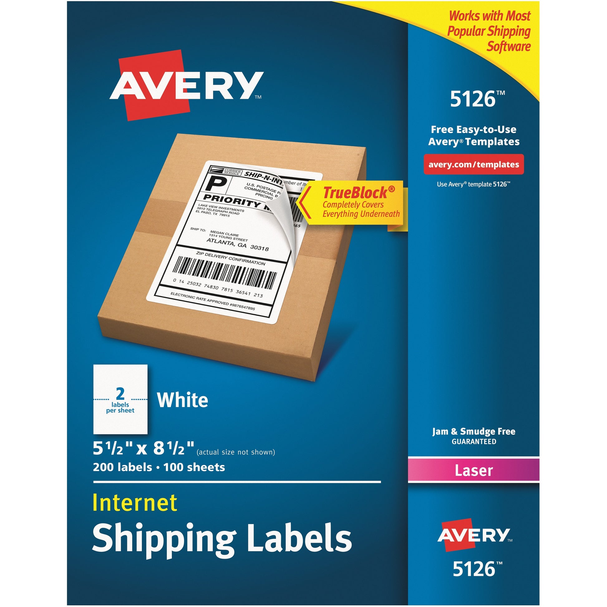 Avery&reg; Internet Shipping Labels, TrueBlock(R) Technology, Permanent Adhesive, 5-1/2" x 8-1/2" , 200 Labels (5126)