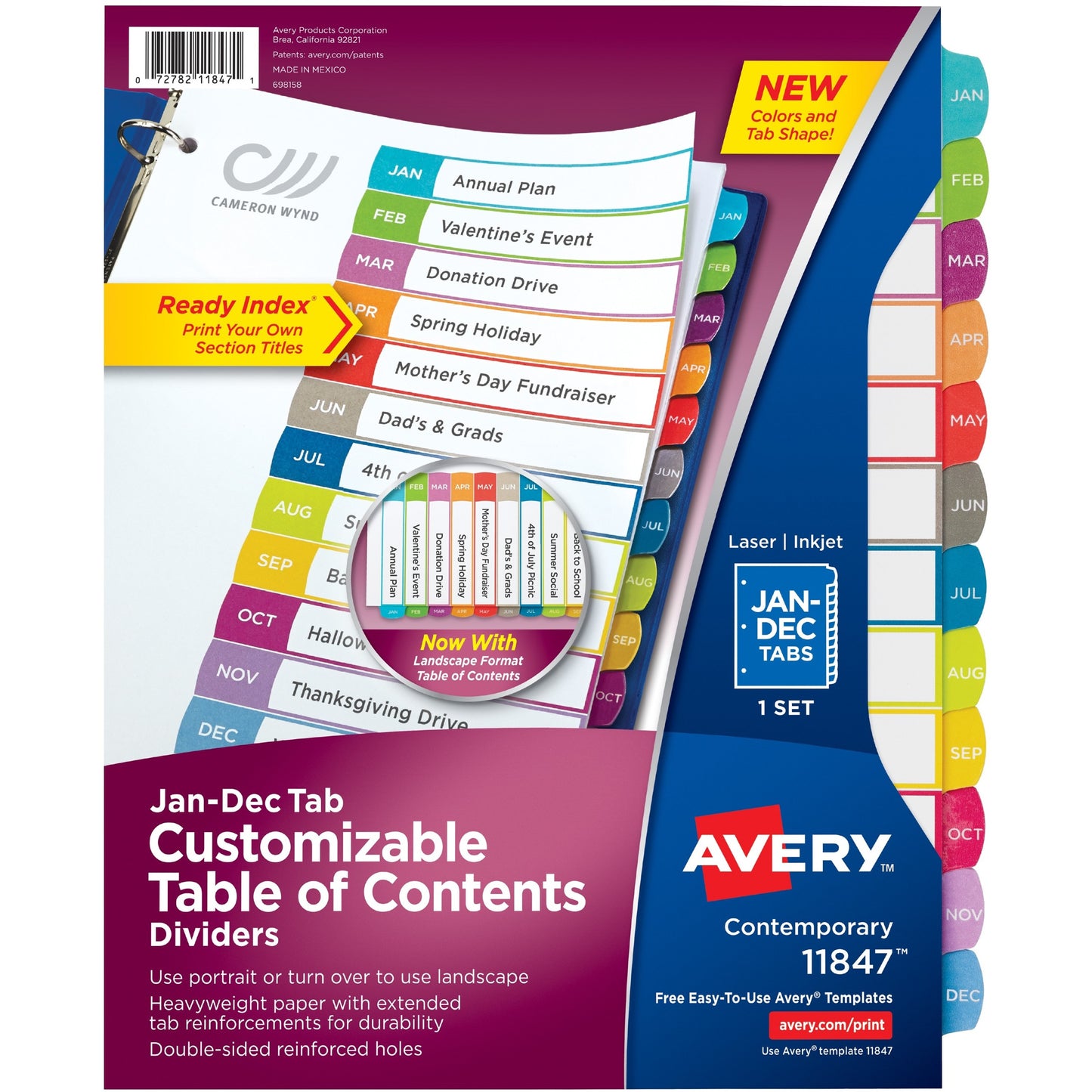 Avery&reg; Ready Index Jan-Dec 12 Tab Dividers, Customizable TOC, 1 Set (11847)