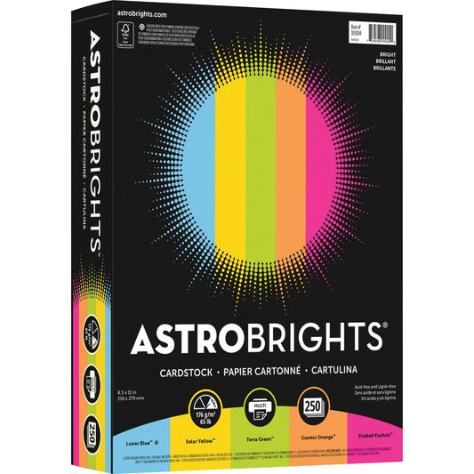 Astrobrights Laser, Inkjet Printable Multipurpose Card Stock - Lunar Blue, Solar Yellow, Terra Green, Fireball Fuschia, Cosmic Orange - Recycled - 30% Recycled Content