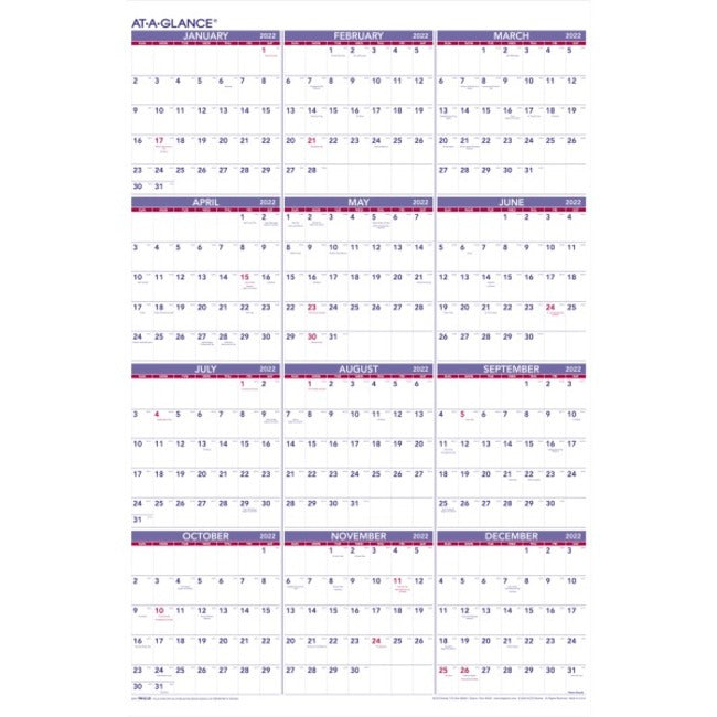 AT-A-GLANCE&reg; Yearly Wall Calendar, 24&quot; x 36&quot;, January To December 2022, PM1228