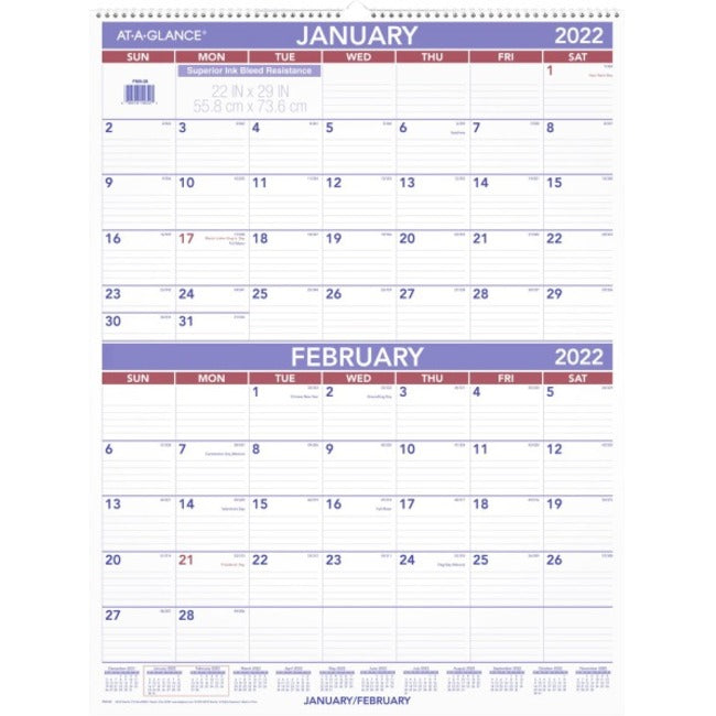 AT-A-GLANCE&reg; Monthly Wirebound Wall Calendar, 22&quot; x 29&quot;, January To December 2022, PM928