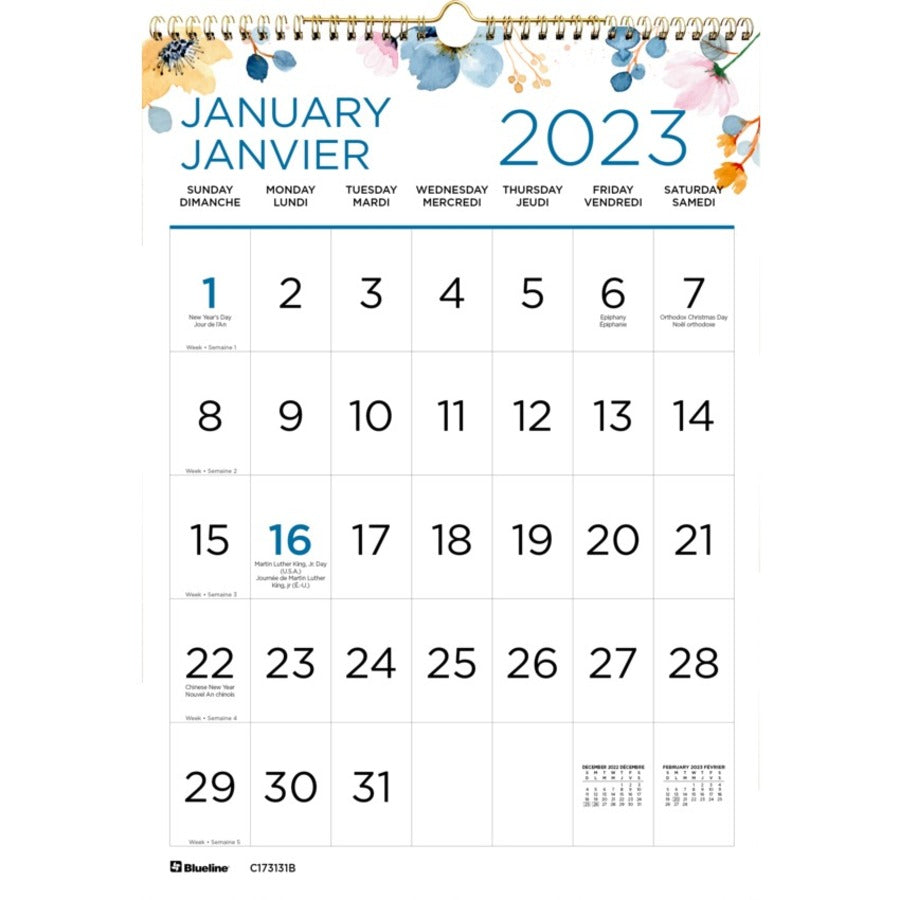 Blueline Monthly Spring Wall Calendar 2023