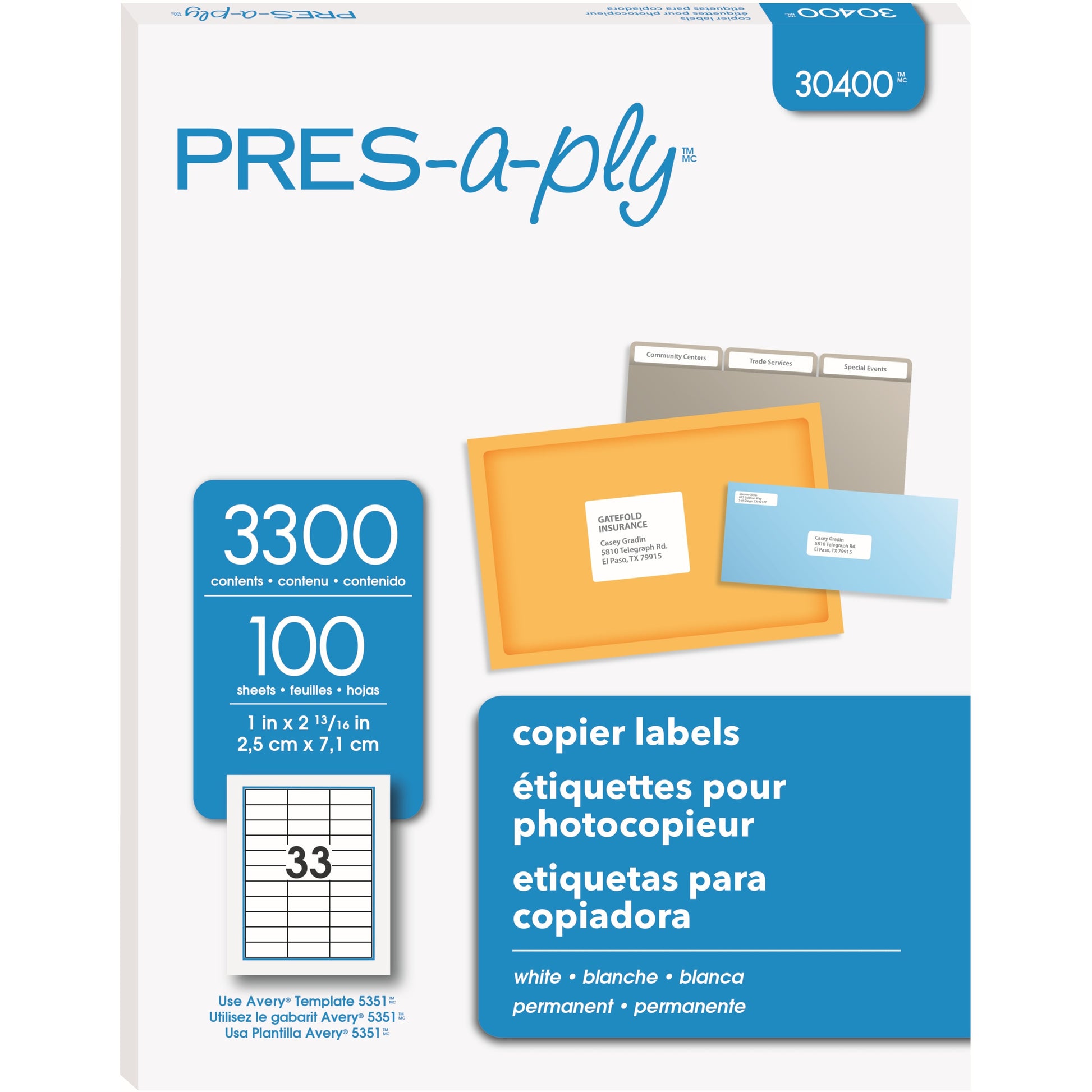 PRES-a-ply Labels for Copiers, 1" x 2-13/16" , Permanent-Adhesive, 33-up, 3300 labels