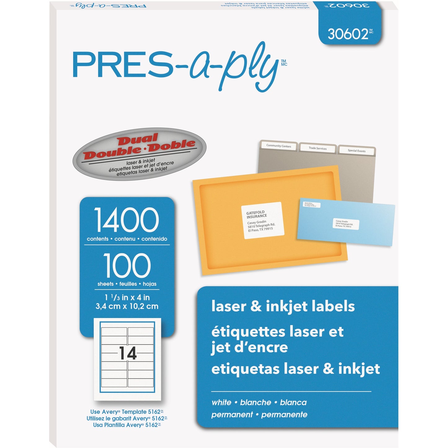 Avery&reg; PRES-a-ply&reg; White Labels, 1-1/3" x 4" , Permanent-Adhesive, 14-up, 1400 labels